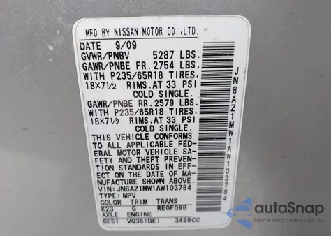2010 Nissan Murano Sl из США, поврежденный, VIN JN8AZ1MW1AW103784